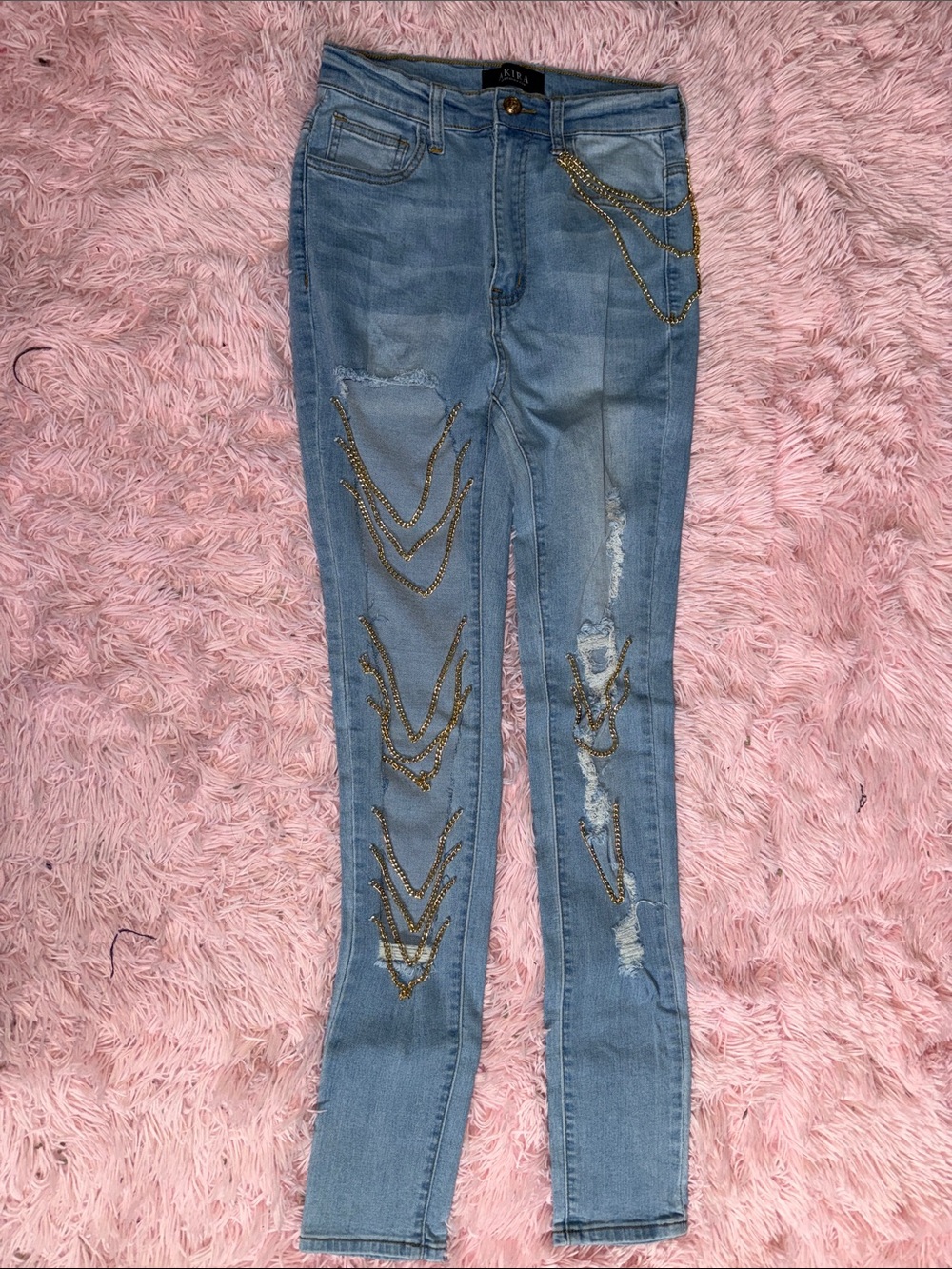 AKIRA Light Blue Skinny Jeans with Gold Chain Embellishments